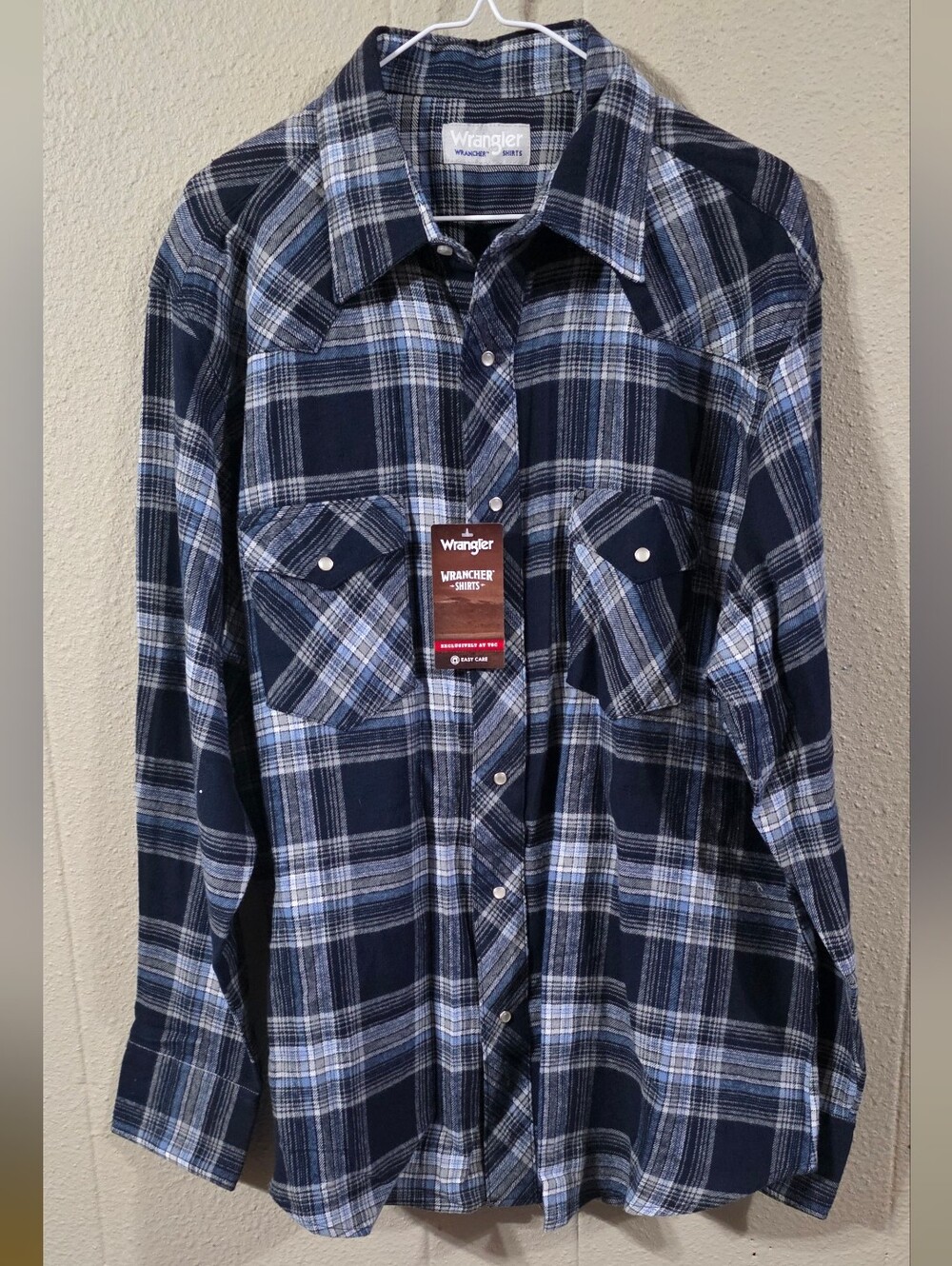 NWT Men's Wrancher Blue and White Plaid Button-Front Western Shirt Sz XL